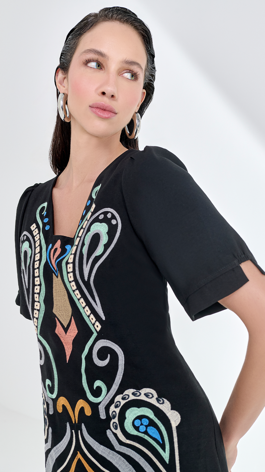VESTIDO BORDADO COLORIDO CON MANGAS
