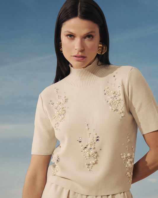 BLUSA DE PUNTO BORDADA CON PIEDRAS DE CRISTAL